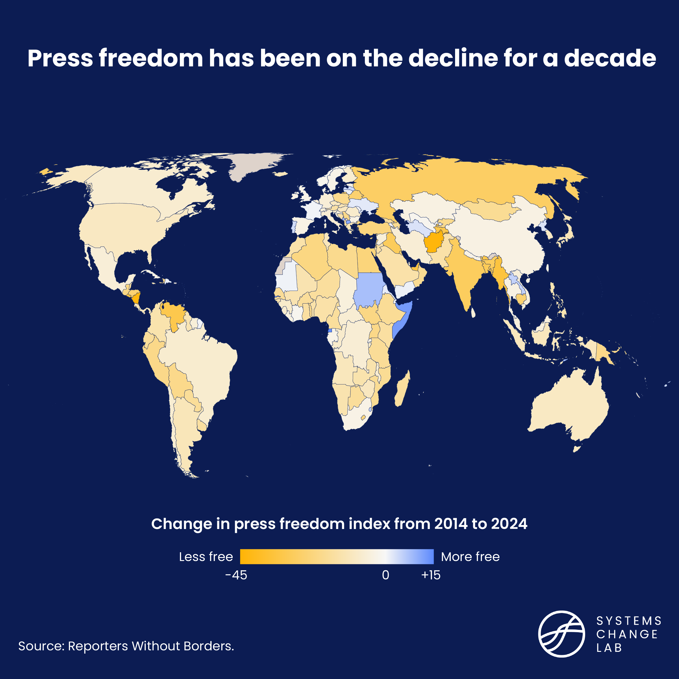 World map depicting decline of press freedom