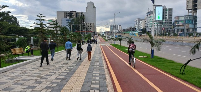 Pedestrians and bikers in a city