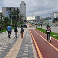 Pedestrians and bikers in a city